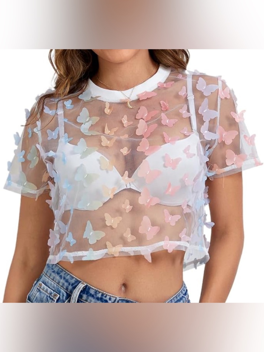 Sheer Butterfly Embellished Crop Top - Pastel Multi